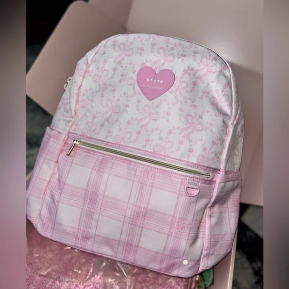 LoveShackFancy state pink coquette bow and gingham print backpack bag - Picture 1 of 12